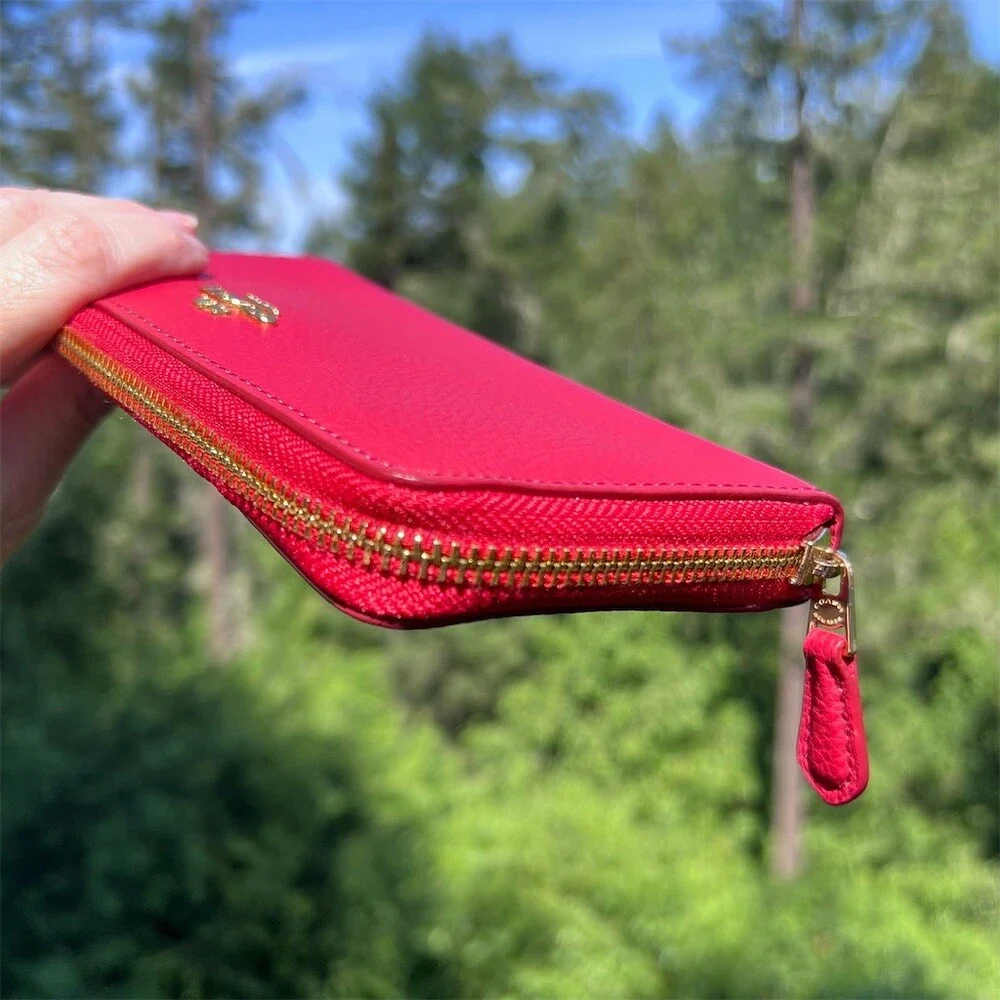 COACH Long Zip-Around Wallet Pebble Leather RED with Gold Hardware AUTHENTIC